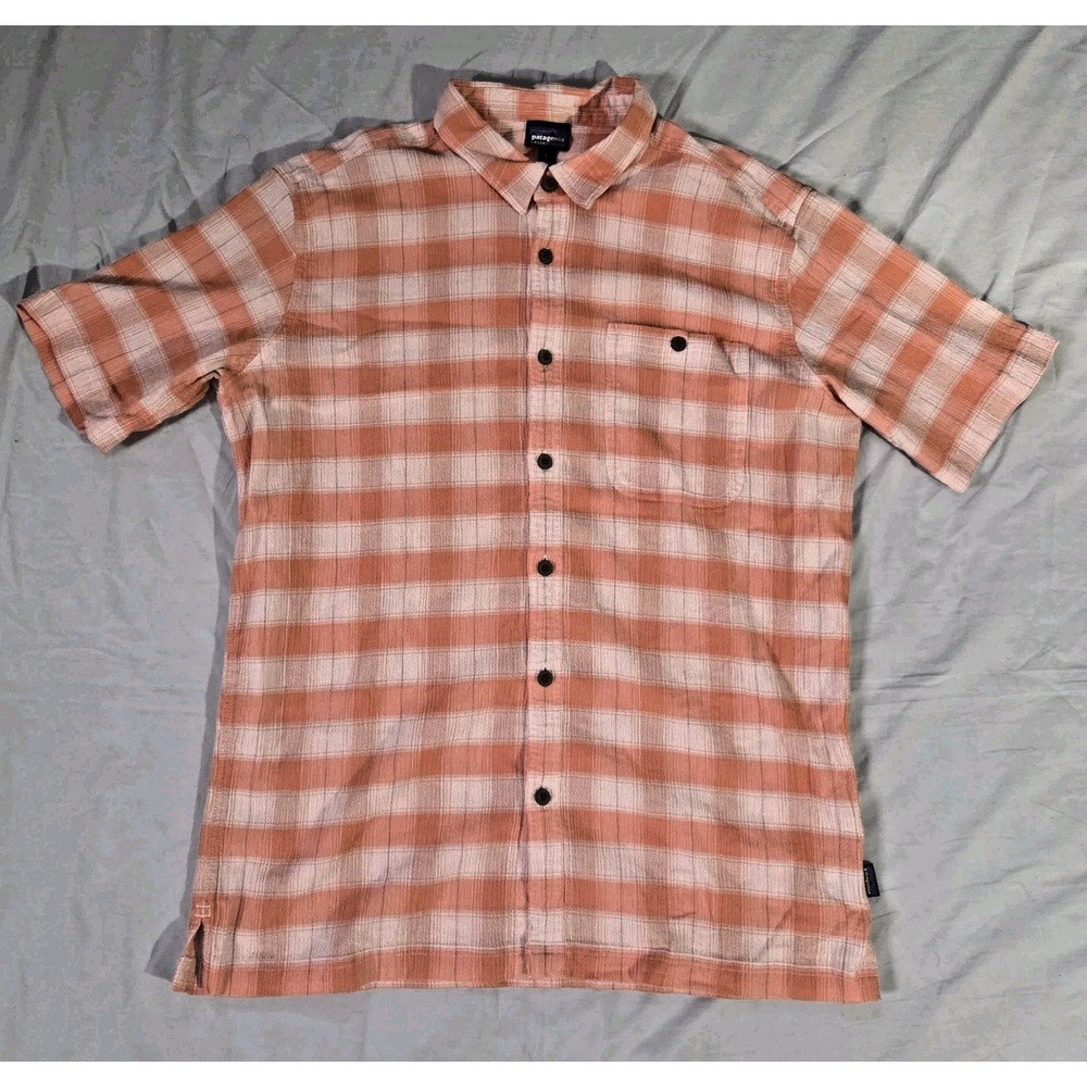 Patagonia Organic‎ Cotton Mens Orange White Button Up Plaid Light Camp Shirt